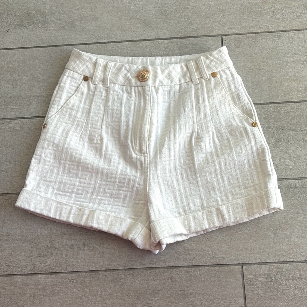 Catwalk Connection White High Waist Textured Shorts with Wide Waistband